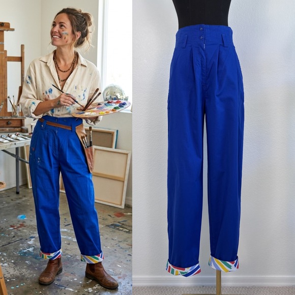 Ken Done Pants - Art to Wear by Ken Done VNTG Blue High Waisted Pleated Tapered Pants Size Small